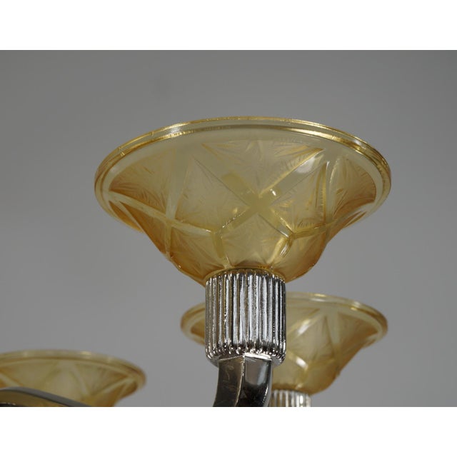 Hanots French Art Deco 6-Arm Chandelier 1930s - Honey Amber Glass & Nickel For Sale - Image 10 of 13