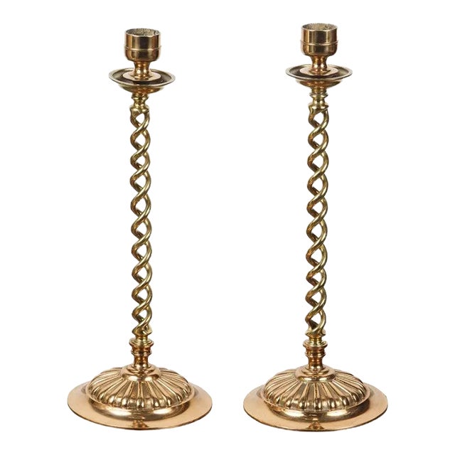 Antique 19th C. Pair of Victorian Brass Over Scale Barley Twist Candlesticks For Sale