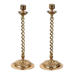 Antique 19th C. Pair of Victorian Brass Over Scale Barley Twist Candlesticks