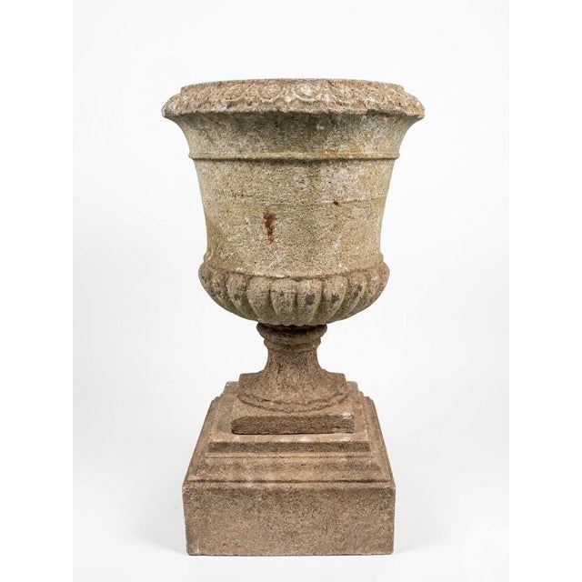 1990s Pair of Neoclassical Style Weathered Cast Stone Campana Urns on Pedestals For Sale - Image 5 of 12