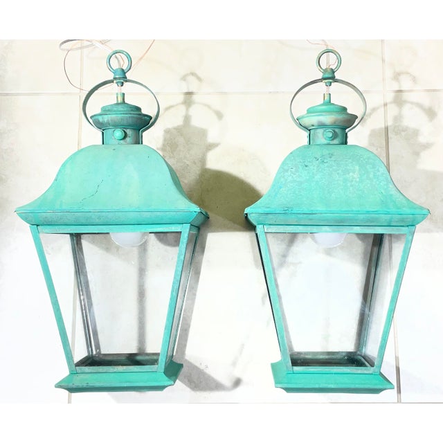 Turquoise Pair of Solid Brass Vintage Ceiling Lantern 19” X 9”.5 X 9”.5 For Sale - Image 8 of 14