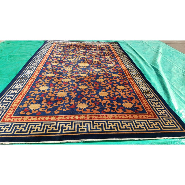 Textile Classic Navy Ground Color With Floral Design Antique Chinese Art Deco Rug For Sale - Image 7 of 8