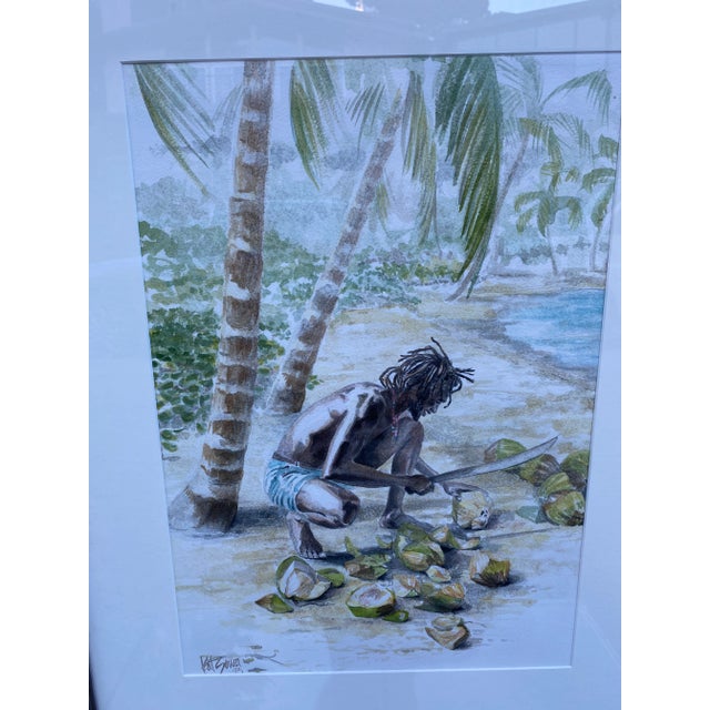 Framed watercolor by noted artist Kat Sowa, titled "Lion" of a Caribbean beach comber. Signed and dated in lower left...