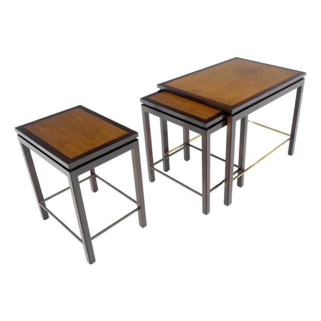 Dunbar 1970s Ebonised Walnut Brass Stretcher Set of 3 Nesting Side End Tables For Sale