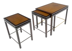 Dunbar 1970s Ebonised Walnut Brass Stretcher Set of 3 Nesting Side End Tables