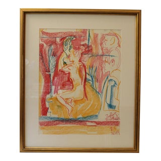 2019 "Red, Orange, Blue Figures" Abstract Nudes Mixed-Media Drawing by Taylor Franklin, Framed For Sale