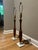 Pair of mid-century modern table lamps. Bases are walnut and marble with plated brass accents. Original wiring and patina.