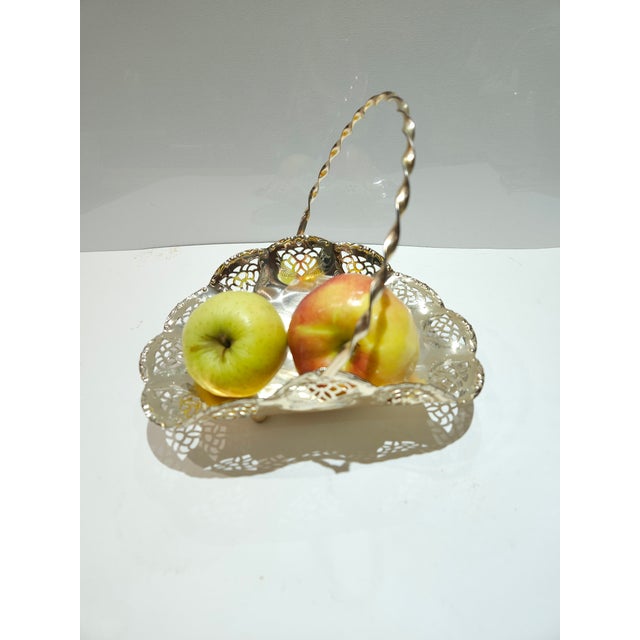 1960s Silver Plated Brass Swing Handle Basket Dish For Sale - Image 10 of 11