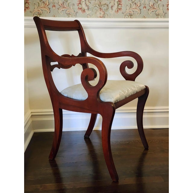 American Antique Pair of Scroll Elbow Chairs in the Style of Duncan Phyfe Mahogany Damask Set of 2 For Sale - Image 3 of 16