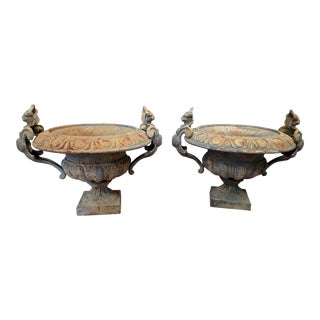 French Iron Garden Urns With Serpent Handles - Set of 2 For Sale