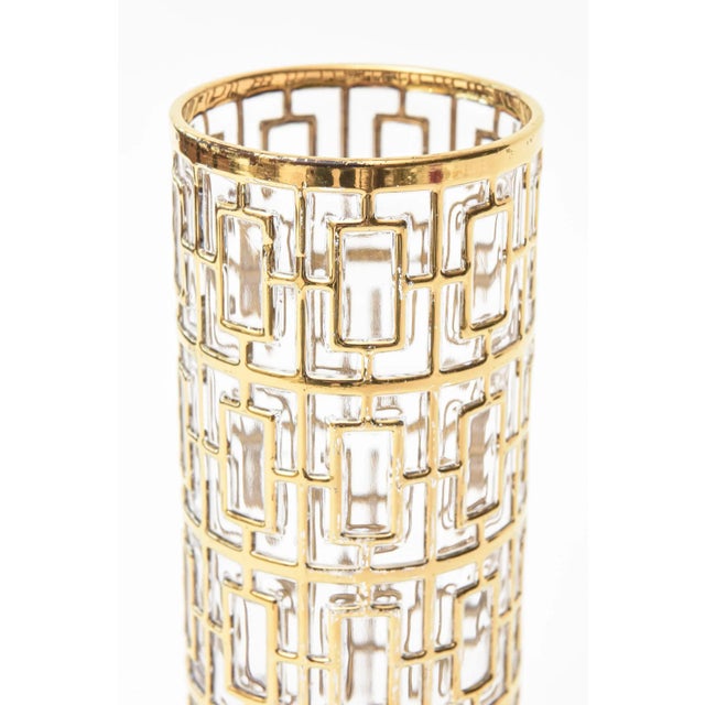 Vintage Imperial Glass 22 Carat Gold Plated Greek Key Overlay Over Vase or Martini Shaker 60's Signed For Sale - Image 12 of 13