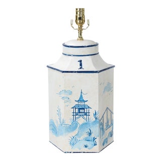 Vintage Blue & White English Export Chinoiserie Tole Hexagon Tea Caddy Lamp "#1" For Sale