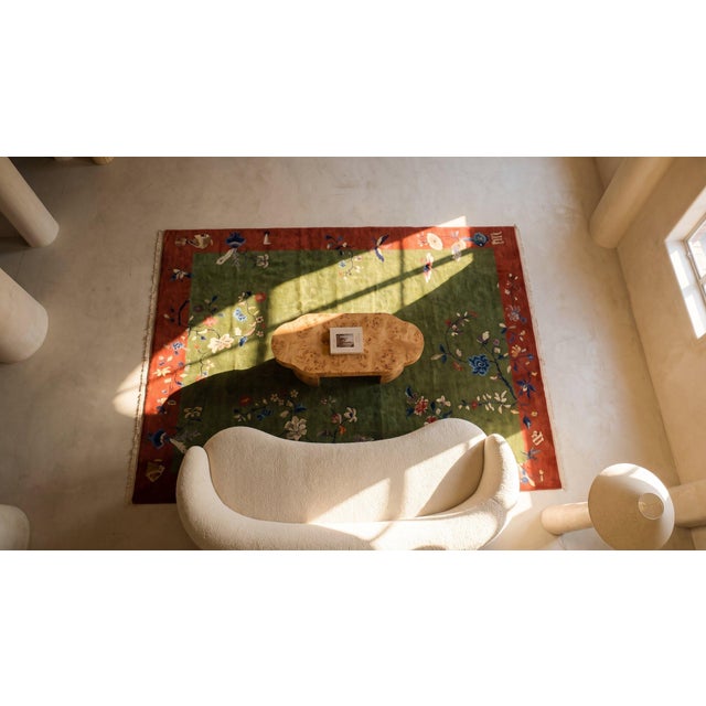 1920s Green Floral Antique Chinese Deco Rug 8' X 10' Knotted Wool Carpet For Sale - Image 9 of 9