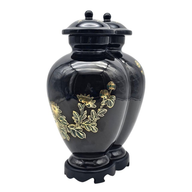 Wood Rare Chinese Conjoined Ginger Jar With Stand 15.5" Black Gold Double Lidded For Sale - Image 7 of 15