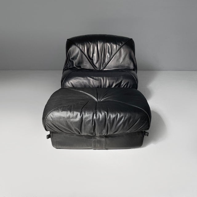 French Space Age black leather armchair and pouf Patate by Airborne, 1970s Patate chaise longue, fully upholstered and...