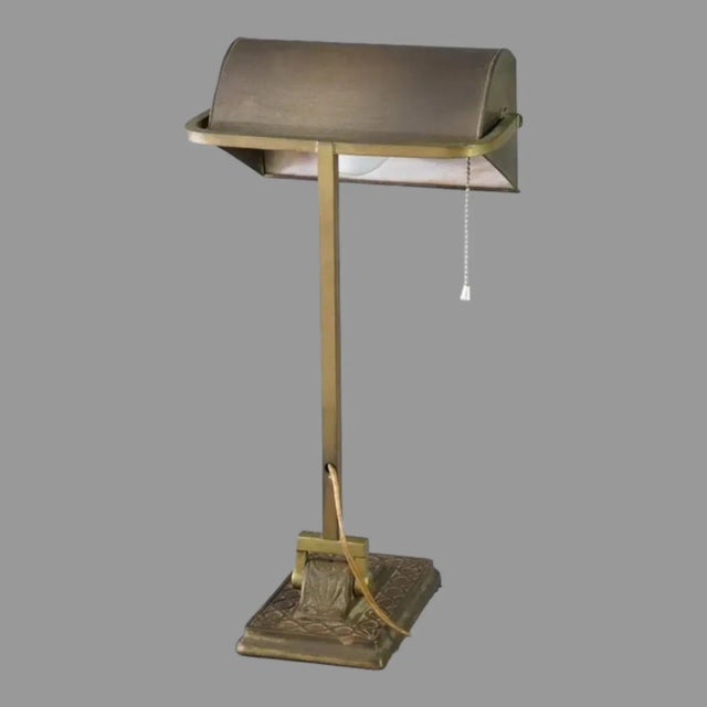 Brass Antique Arts & Crafts Brass & Slag Glass Bankers Desk Table Lamp For Sale - Image 8 of 11