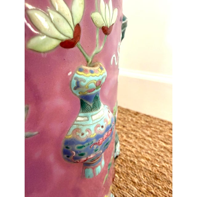 Chinese 19/20th C Famille Rose Umbrella Stand With Relief Decoration For Sale - Image 10 of 12