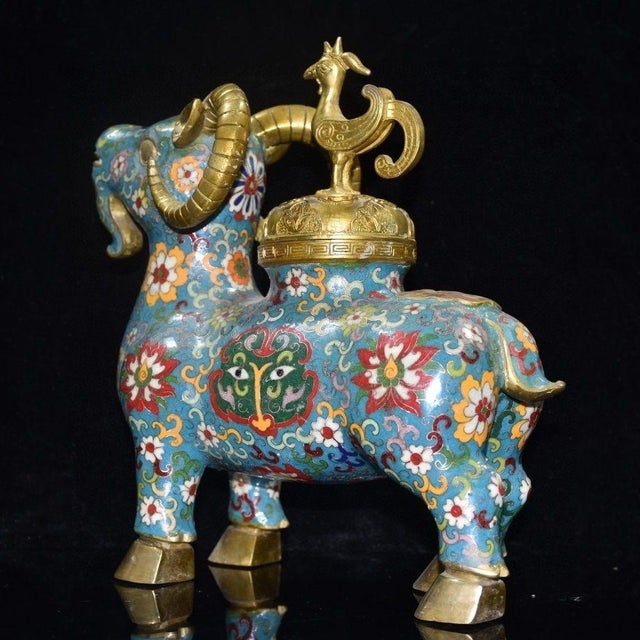 Chinese Vintage Cloisonné Enamel Gilt Bronze Ram-Form Censer & Incense Burner – Qianlong Mark For Sale - Image 3 of 9
