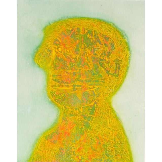 An abstract intaglio print, titled "Portrait of a Young Man," by Chilean-American artist Sergio Gonzalez Tornero...