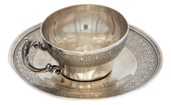 Silver Cup and Saucer with Embossed Slavic Style