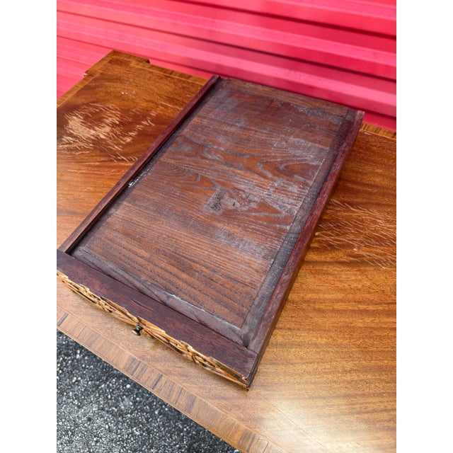 Early 20th Century Pair Antique Carved Chinese Chippendale Faux Bamboo Fretwork Banded Inlay Single Drawer Hall Foyer Console Tables For Sale - Image 5 of 12