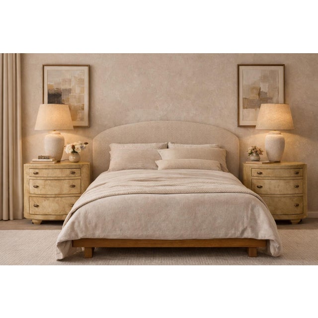 A sculptural and highly versatile pair of oval three-drawer chests by Henredon Furniture Industries, handcrafted in the...