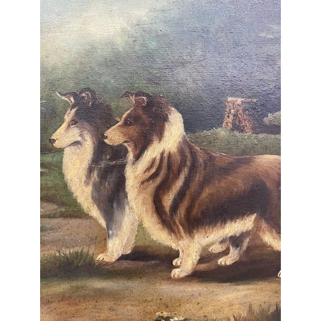 Antique Framed Oil Painting of Two Collie Dogs in Woodland Landscape, Traditional Canine Portrait Possibly 1890s - Unsigned For Sale In Seattle - Image 6 of 10