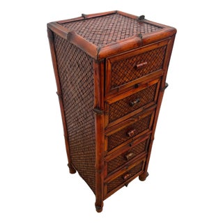 Vintage Nightstand Cabinet Chest Five Drawers Bamboo / Wicker Tiki Petite Size For Sale