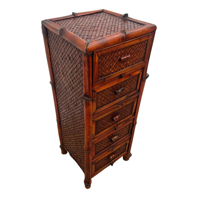 Vintage Nightstand Cabinet Chest Five Drawers Bamboo / Wicker Tiki Petite Size For Sale