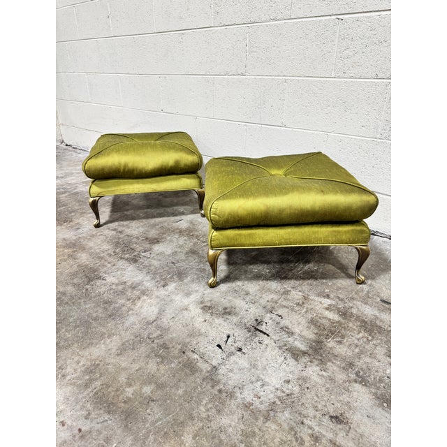 These are so on point. Color is a deep avocado or olive silk. Single big button tuft on both sides os cushion and on base....