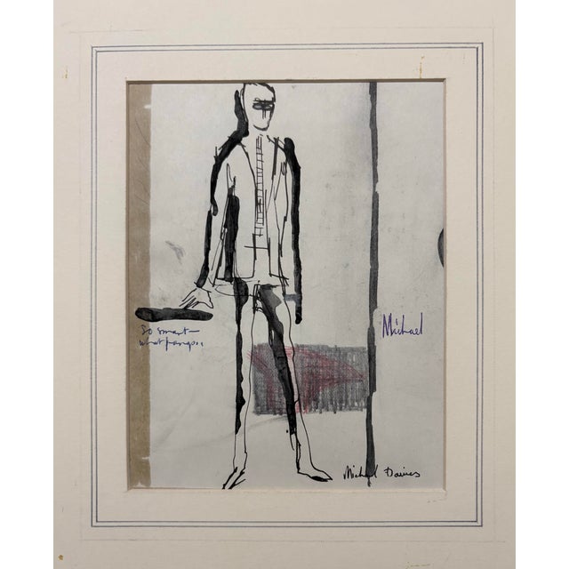Original 1960’s Pen and Ink, watercolor and pencil drawing of a standing man on paper and matted. Signed by the artist in...