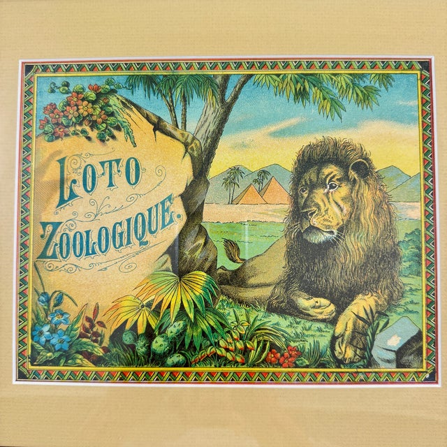 An original French children’s game box lid – Loto Zoologique – chromolithograph printed circa 1900, framed. A “Loto...
