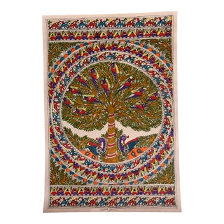 Mamta Devi 2016 National Award Winner – Hand-Painted Madhubani Tree of Life Painting With Birds & Peacocks For Sale