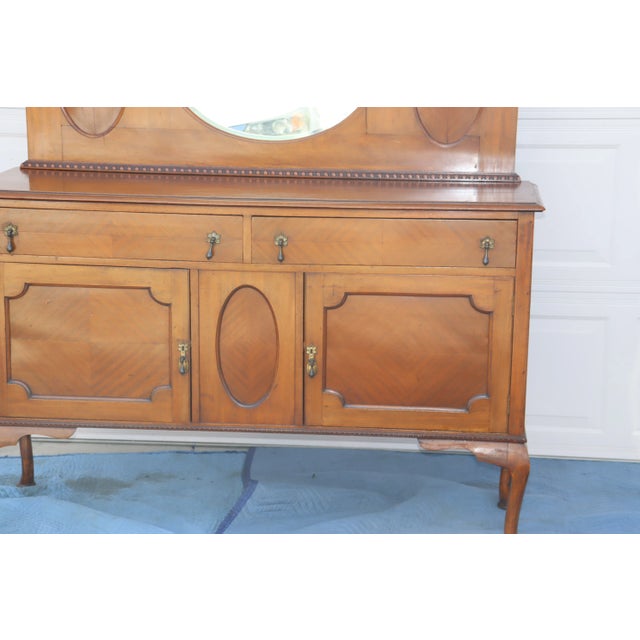 Gold 1940s Vintage Oak Sideboard Server With Beveled Mirror For Sale - Image 8 of 13