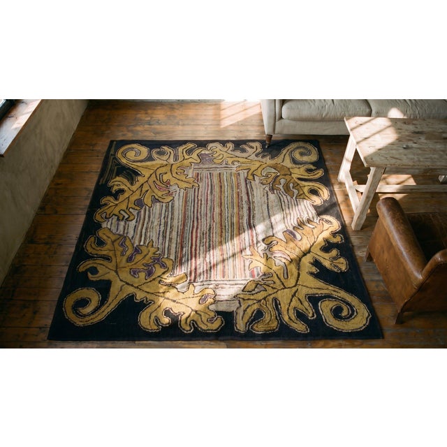 Textile 1920s Ivory Brown Floral Folk Art Antique American Hooked Rug 3'8" X 4'0" Handknotted Wool Carpet For Sale - Image 7 of 8