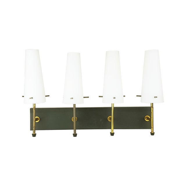 Mid-Century Modern Black Metal, Brass & Opaline Glass 4-Light Wall Lamps, 1950s, Set of 5 For Sale - Image 3 of 15