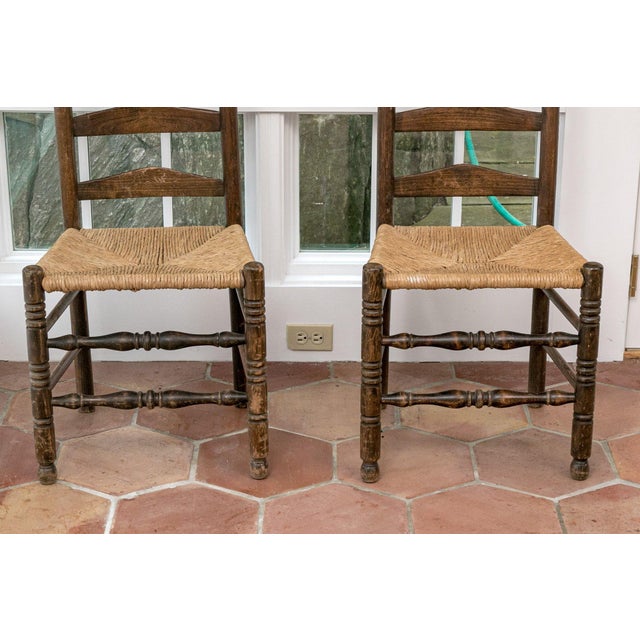 American Antique Rush Seat Ladder Back Side Chairs—A Pair For Sale - Image 3 of 11