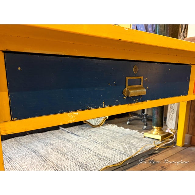 Vintage Large School or Lab Table , or Desk, With Painted Bright Yellow With Blue and Orange Drawers For Sale - Image 12 of 12