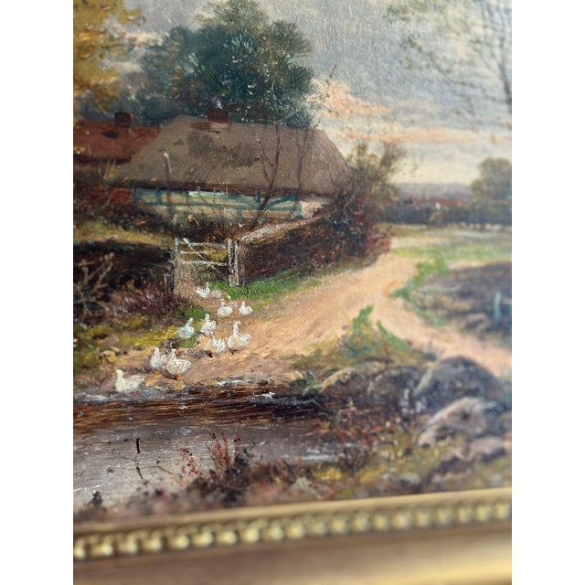 19th Century Original British Oil Painting, Geese/Ducks by a Cottage Pond, Joseph Thors For Sale - Image 4 of 12