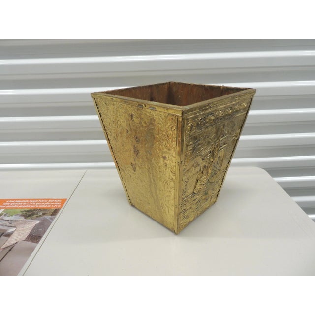 Metal Vintage Brass Victorian Repousse Wastepaper Basket For Sale - Image 7 of 7