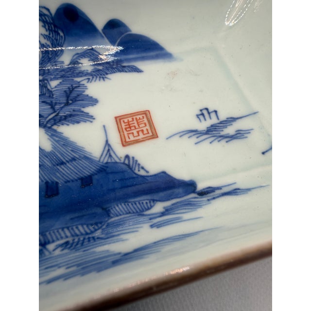 Asian Asian Antique Tray: Rectangular Porcelain Blue White China Landscape Qianlong For Sale - Image 3 of 8