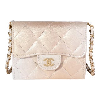 Gold Metallic Ombré Quilted Goatskin Classic Mini Clutch with Chain For Sale