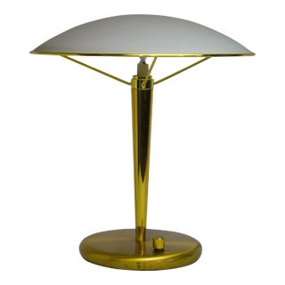 1980s Holtkotter Leuchten Style Brass Frosted Glass Flying Saucer Halogen Table Desk Lamp For Sale