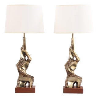 A Pair of Brutalist Sculpted Brass Table Lamps by Richard Barr C. 1970 For Sale