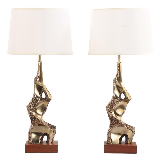 A Pair of Brutalist Sculpted Brass Table Lamps by Richard Barr C. 1970 For Sale