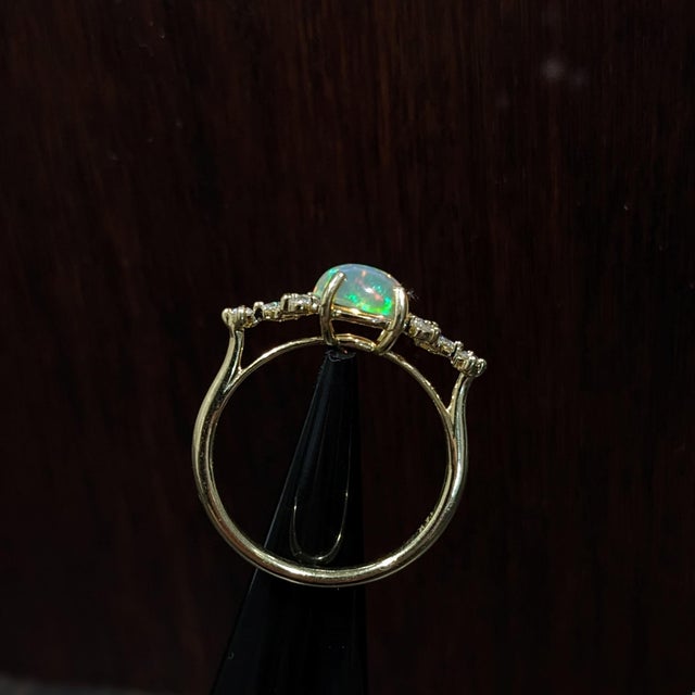 East West Opal Ring W Earth Mined Diamonds in Solid 14k Yellow Gold | Oval 8x6mm For Sale - Image 15 of 18