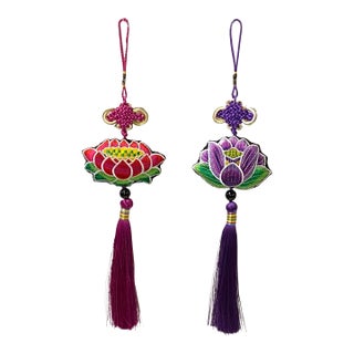 2 Chinese Lotus Flower Embroidery Endless Knot Tassel Art For Sale