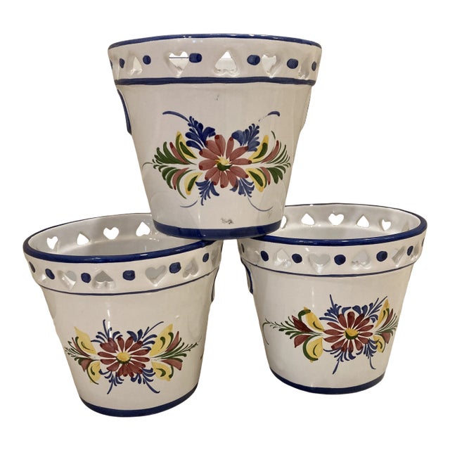 Vintage Blue and White Portuguese Cachepots or Candle Holders- Set of 3 For Sale