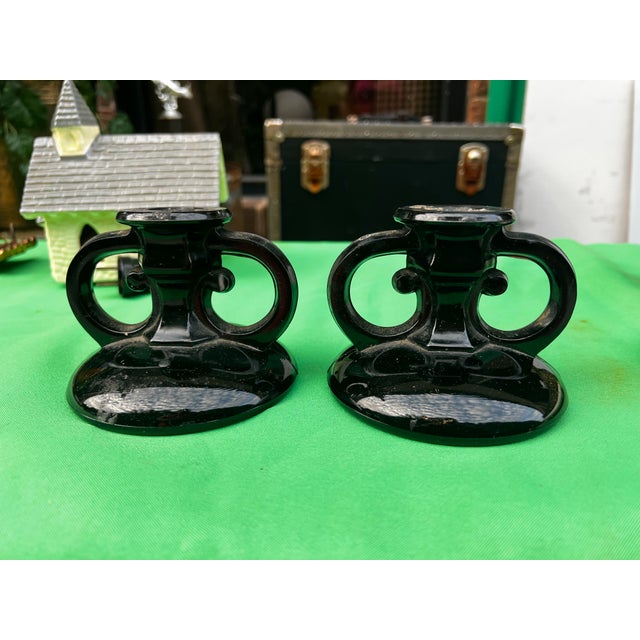 1970s Black Milk Glass Pair of Candleholders For Sale - Image 5 of 11