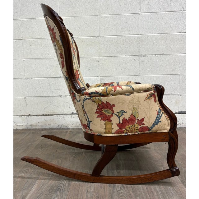Beige Antique Victorian Style Walnut Balloon Back Floral Upholstered Rocking Chair For Sale - Image 8 of 10